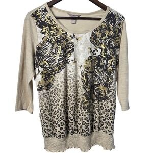 White Stag Women Large Animal Print Floral Compression Hem Beige Shirt Casual